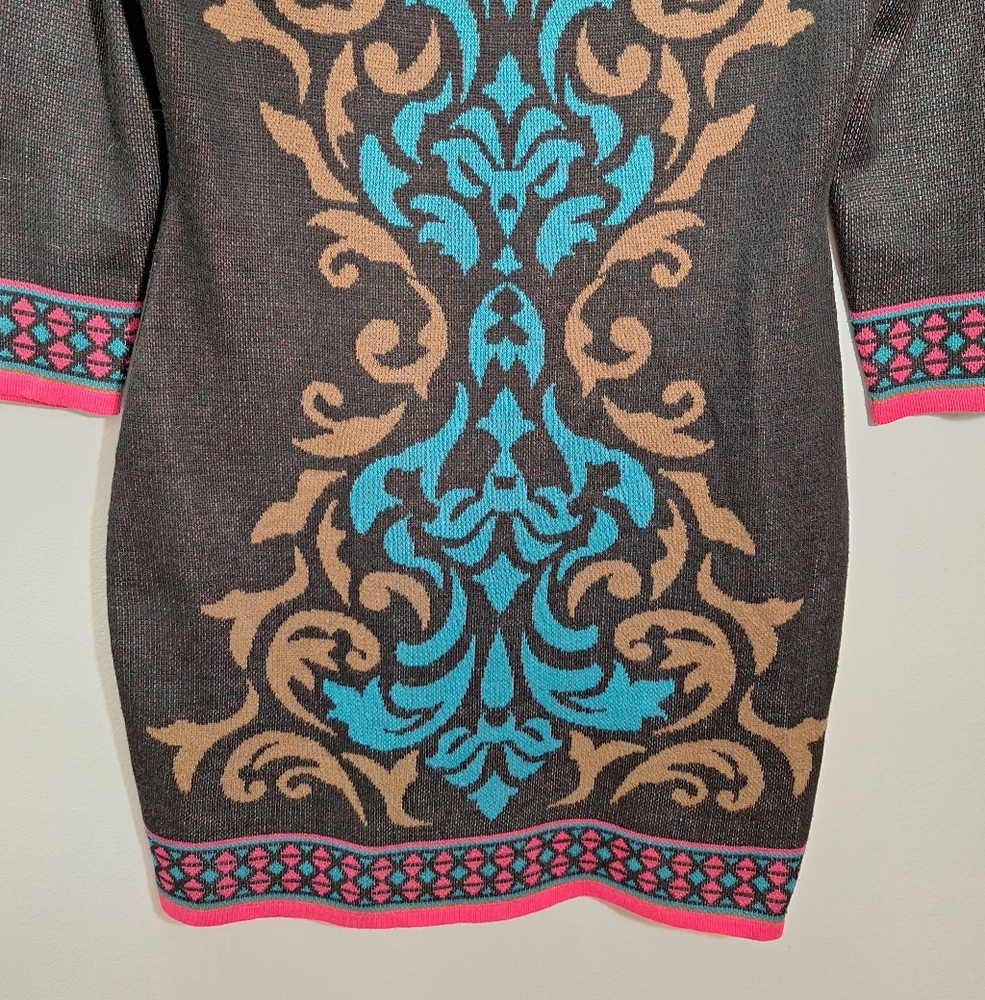 NWT FLYING TOMATO Multicolor Teal Pink Asymmetrical Midi Sweater Dress Medium - Picture 4 of 14